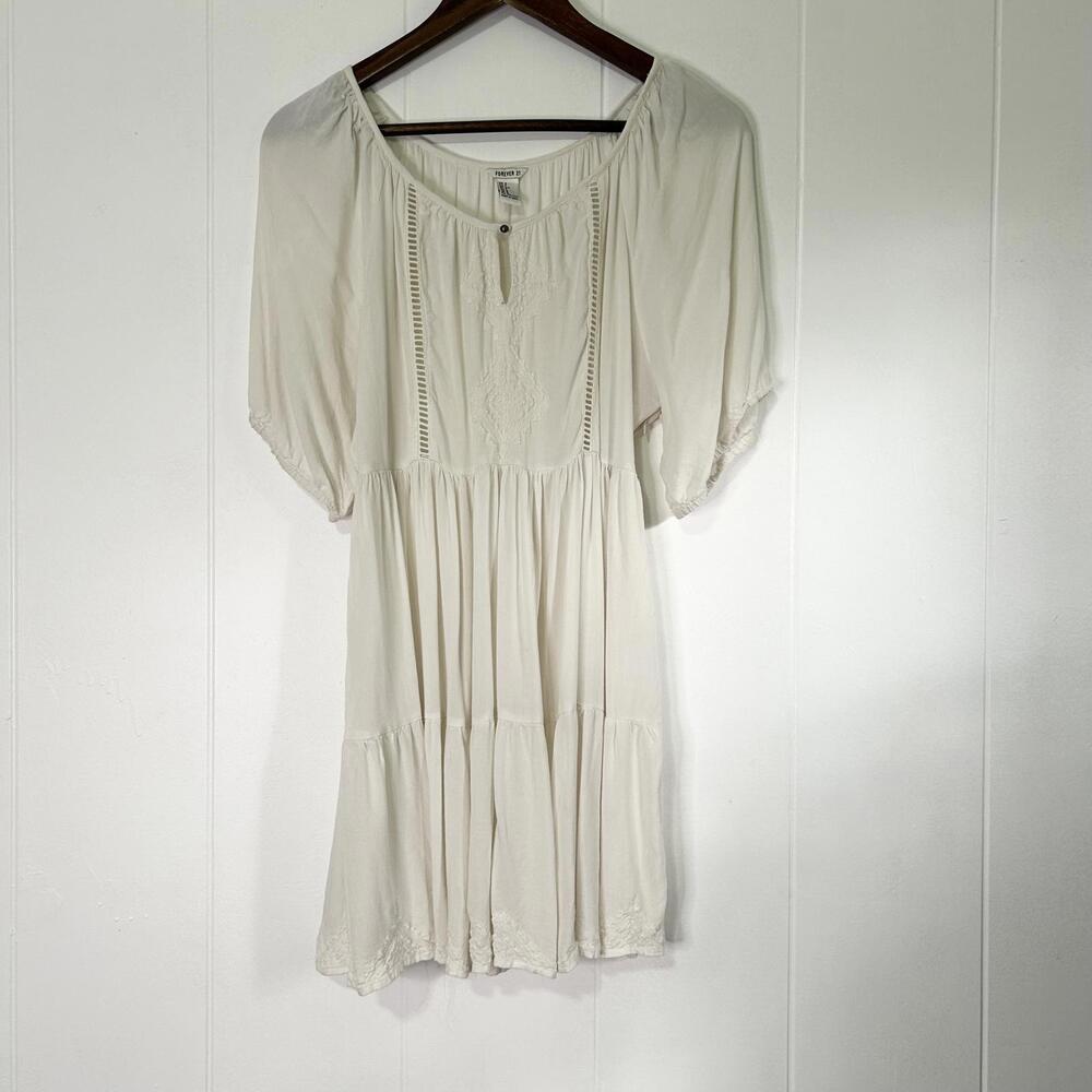 Forever 21 F21 White Crochet Embroidered Boho Tiered Mini Dress Women's Small